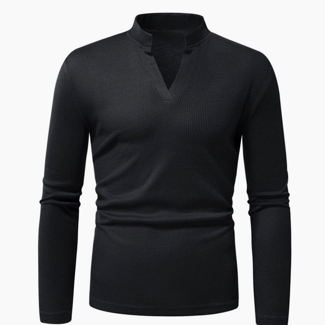 Men's Slim-Fit Waffle-Knit Thermal Long-Sleeve V-Neck Shirt, Navy Blue - Black