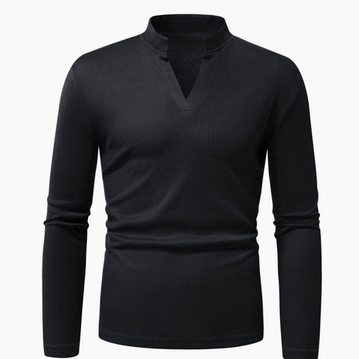 Men's Slim-Fit Waffle-Knit Thermal Long-Sleeve V-Neck Shirt, Navy Blue - Black