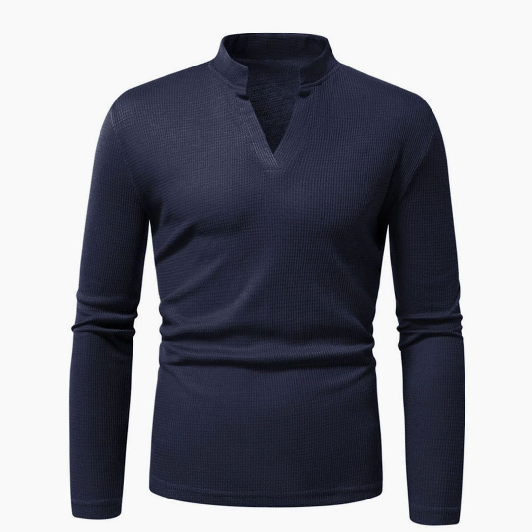 Men's Slim-Fit Waffle-Knit Thermal Long-Sleeve V-Neck Shirt, Navy Blue - Navy Blue