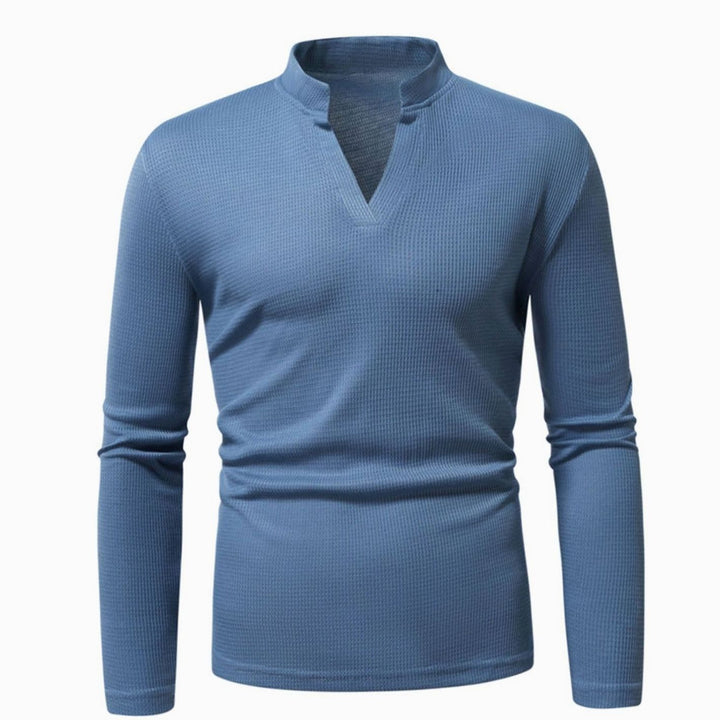 Men's Slim-Fit Waffle-Knit Thermal Long-Sleeve V-Neck Shirt, Navy Blue - Steel Blue