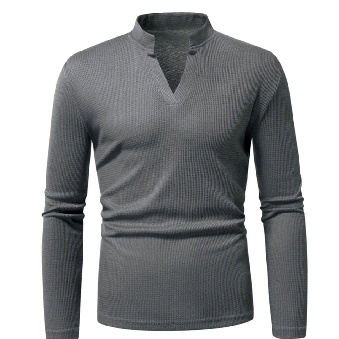 Men's Slim-Fit Waffle-Knit Thermal Long-Sleeve V-Neck Shirt, Navy Blue - Dark Gray