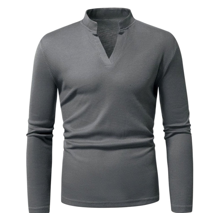 Men's Slim-Fit Waffle-Knit Thermal Long-Sleeve V-Neck Shirt, Navy Blue - Dark Gray