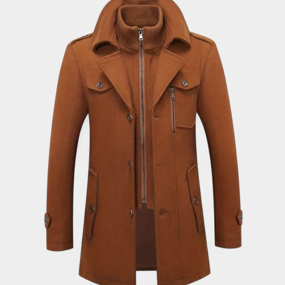 Men's Slim-Fit Wool Blend Tweed Coat Double-Collar Winter Overcoat - Brown