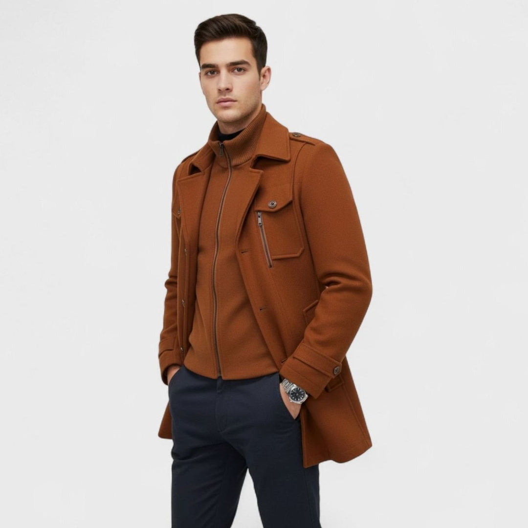 Men's Slim-Fit Wool Blend Tweed Coat Double-Collar Winter Overcoat