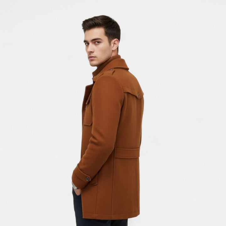 Men's Slim-Fit Wool Blend Tweed Coat Double-Collar Winter Overcoat