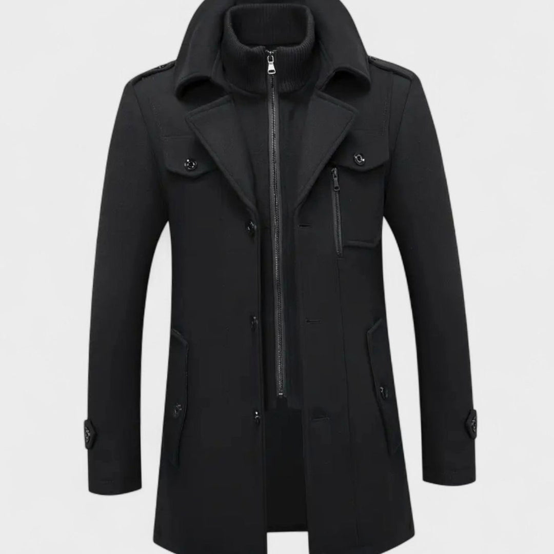 Men's Slim-Fit Wool Blend Tweed Coat Double-Collar Winter Overcoat - Black