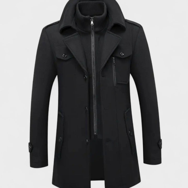 Men's Slim-Fit Wool Blend Tweed Coat Double-Collar Winter Overcoat - Black