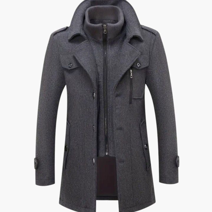 Men's Slim-Fit Wool Blend Tweed Coat Double-Collar Winter Overcoat - Dark Gray