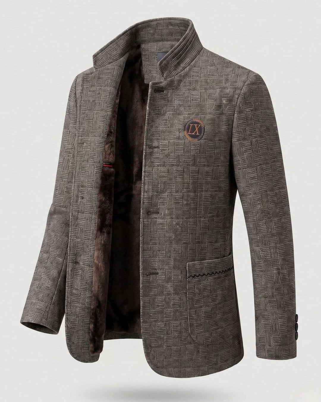 Men's Stand-Collar Padded Short Winter Coat - Coffee Brown - Fleece Lined