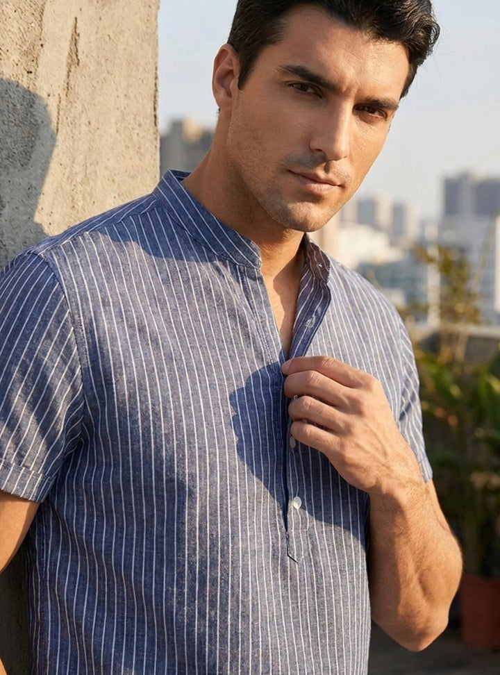 Men's Striped Band-Collar Short-Sleeve Henley Shirt, Navy Blue