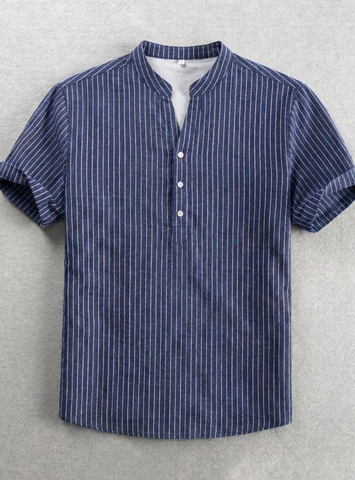 Men's Striped Band-Collar Short-Sleeve Henley Shirt, Navy Blue - Navy Blue