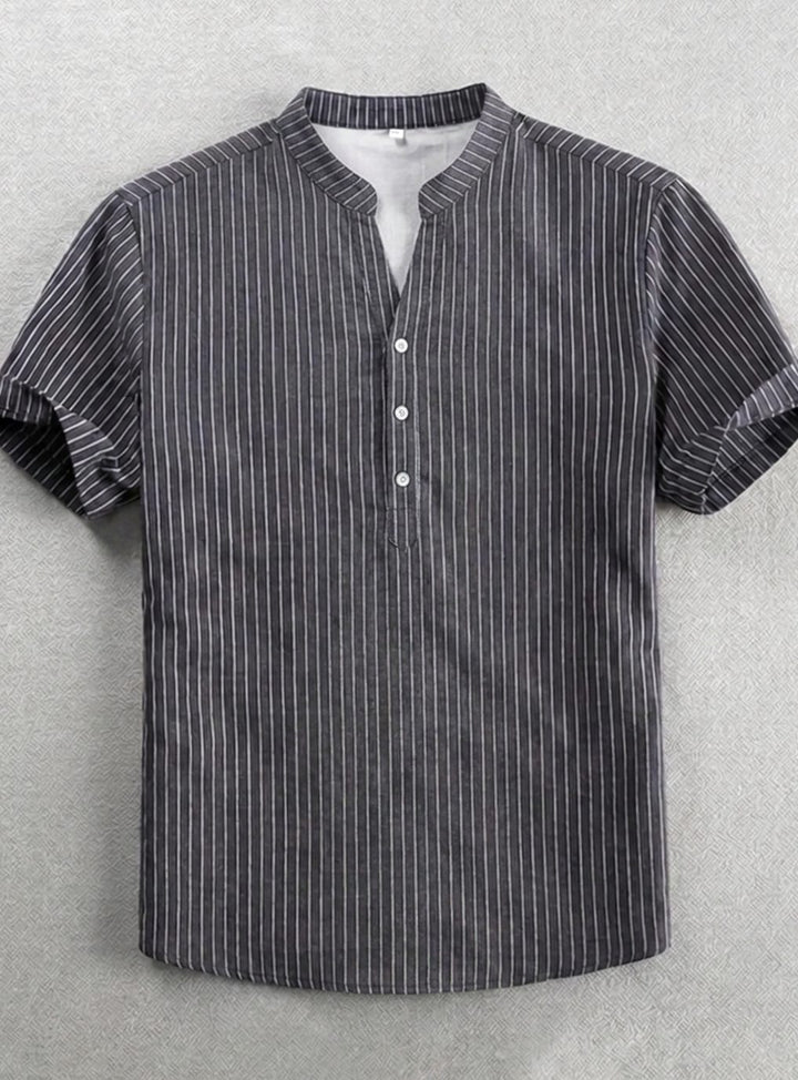 Men's Striped Band-Collar Short-Sleeve Henley Shirt, Navy Blue - Dark Gray