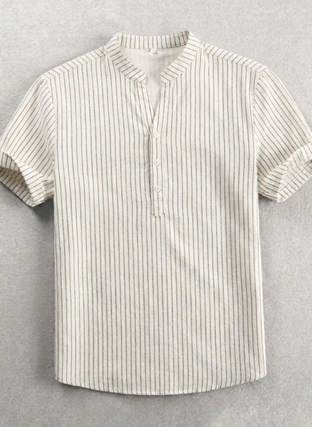 Men's Striped Band-Collar Short-Sleeve Henley Shirt, Navy Blue - Light Gray