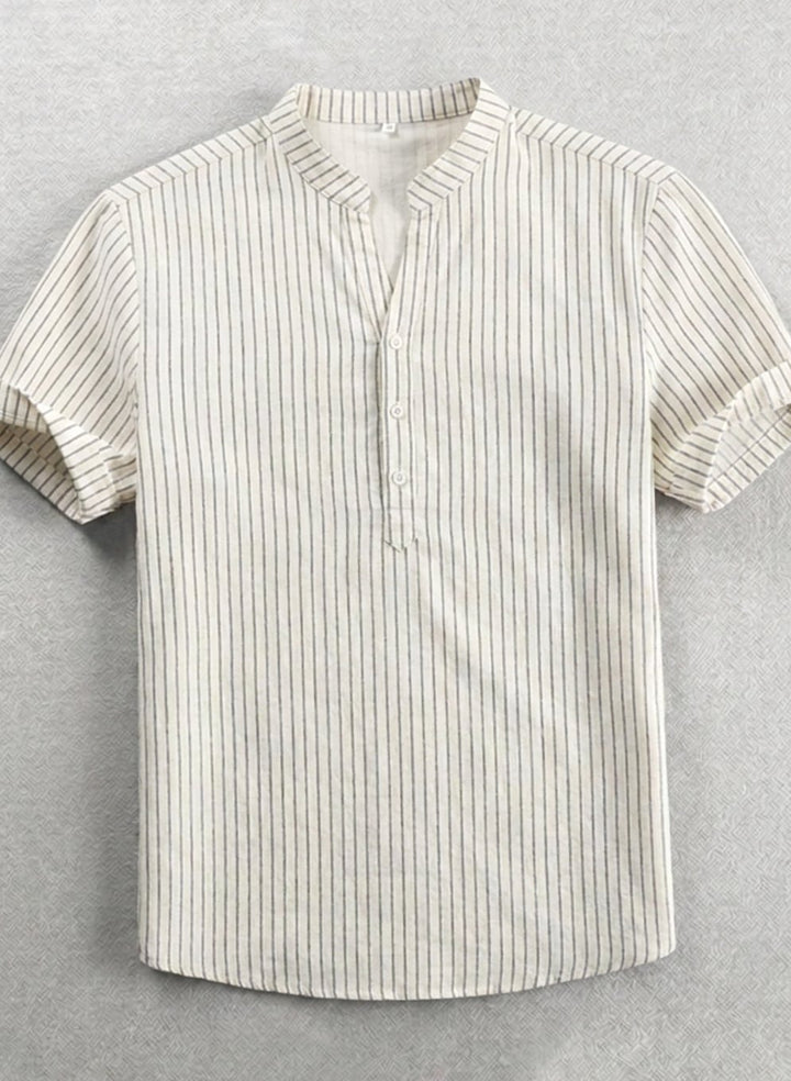 Men's Striped Band-Collar Short-Sleeve Henley Shirt, Navy Blue - Light Gray