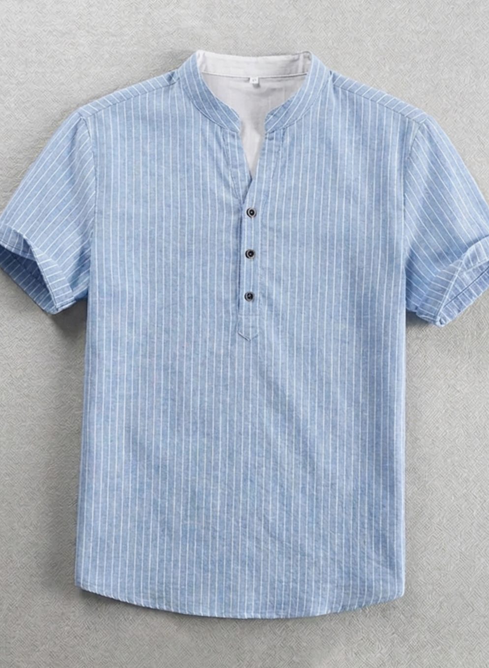 Men's Striped Band-Collar Short-Sleeve Henley Shirt, Navy Blue - Light Blue