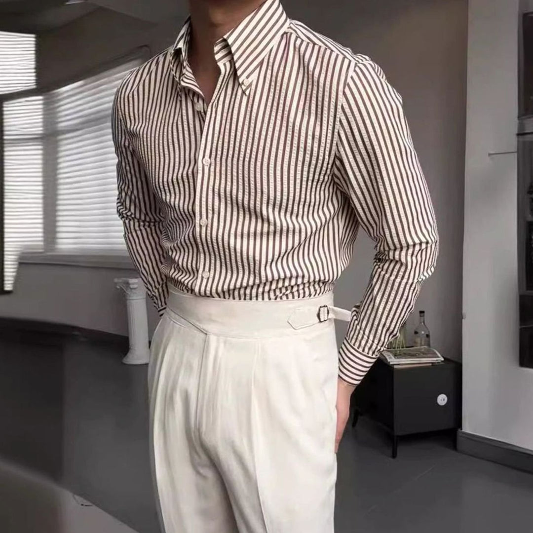 Men's Striped Long Sleeve Button-Up Shirt Tailored Fit Point Collar - Brown