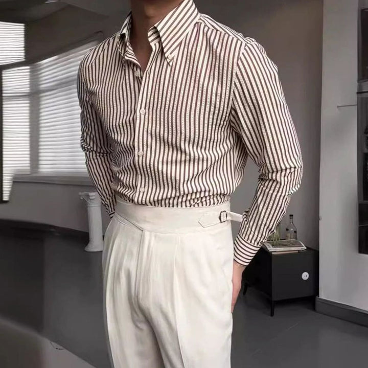 Men's Striped Long Sleeve Button-Up Shirt Tailored Fit Point Collar - Brown