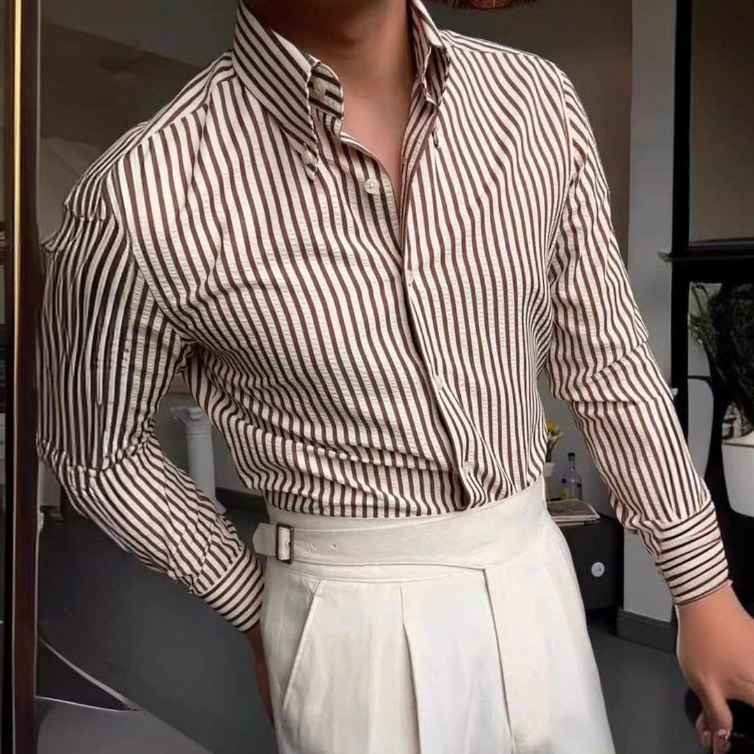 Men's Striped Long Sleeve Button-Up Shirt Tailored Fit Point Collar