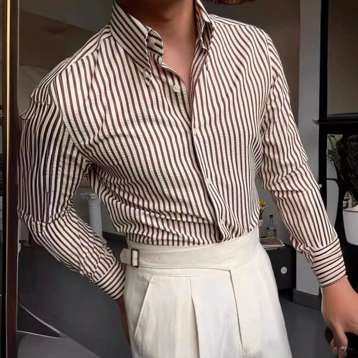 Men's Striped Long Sleeve Button-Up Shirt Tailored Fit Point Collar