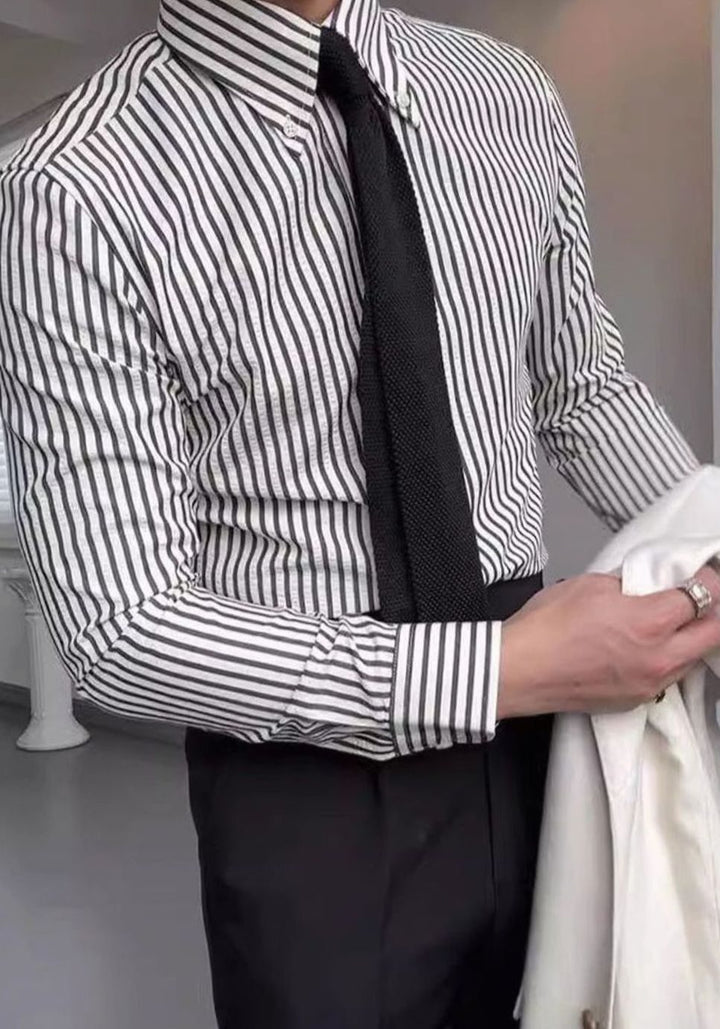 Men's Striped Long Sleeve Button-Up Shirt Tailored Fit Point Collar