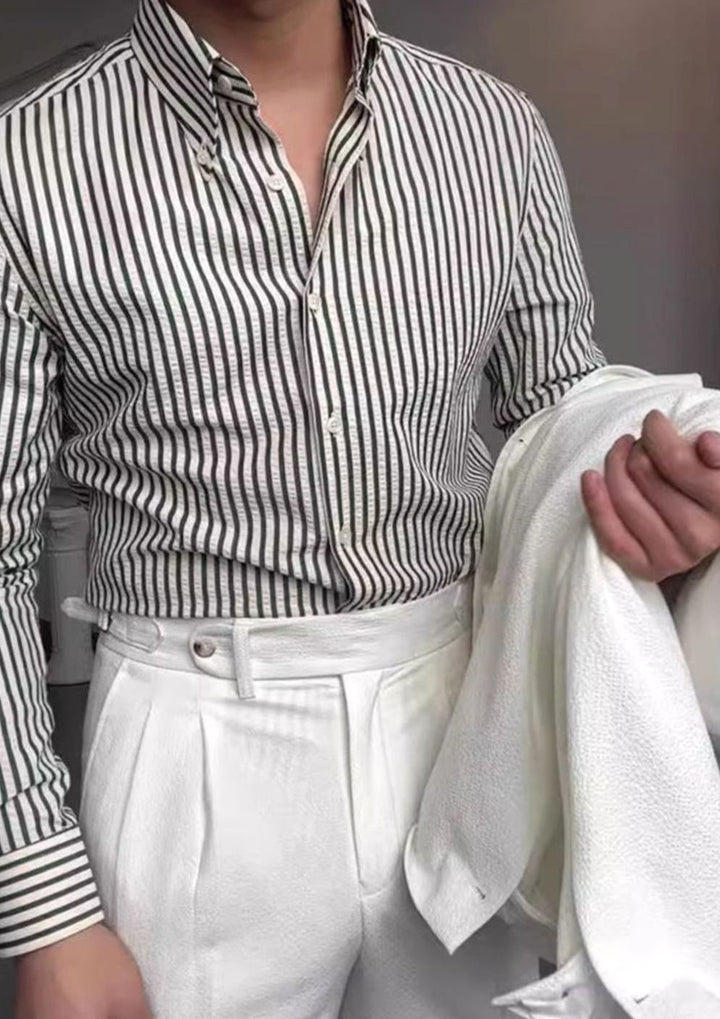 Men's Striped Long Sleeve Button-Up Shirt Tailored Fit Point Collar