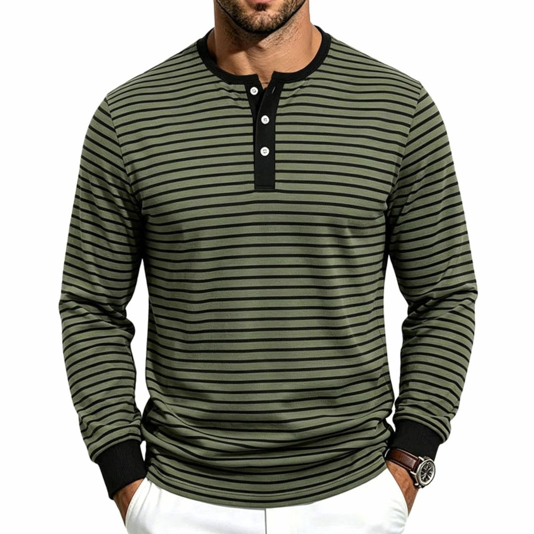 Men's Striped Long Sleeve Henley Shirt Cotton Blend Regular Fit - Olive Green