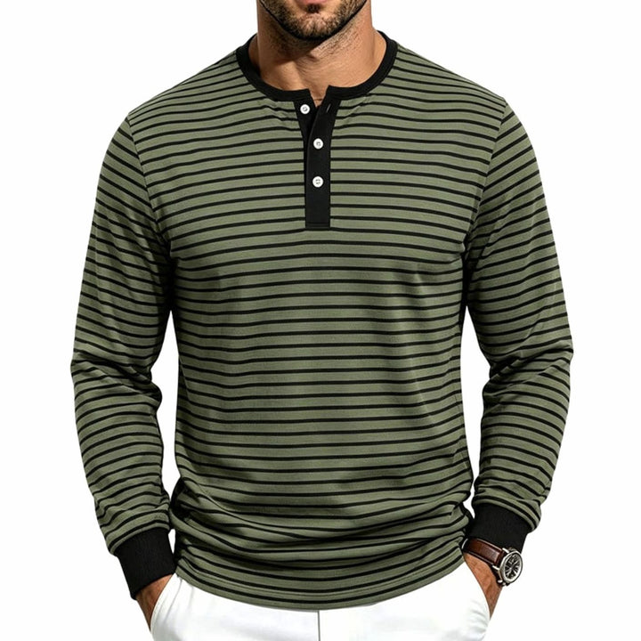 Men's Striped Long Sleeve Henley Shirt Cotton Blend Regular Fit - Olive Green