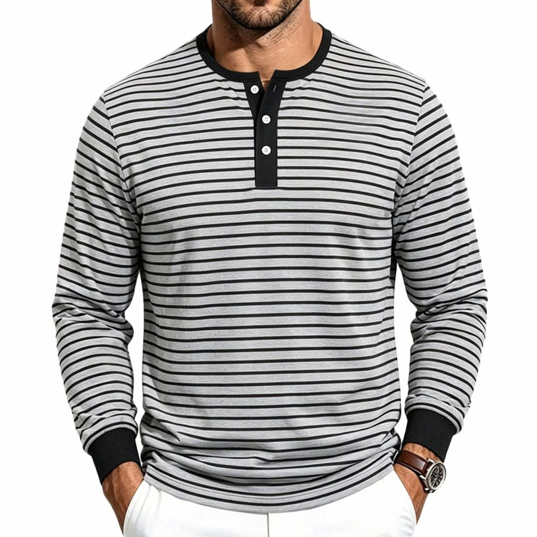 Men's Striped Long Sleeve Henley Shirt Cotton Blend Regular Fit - Light Gray