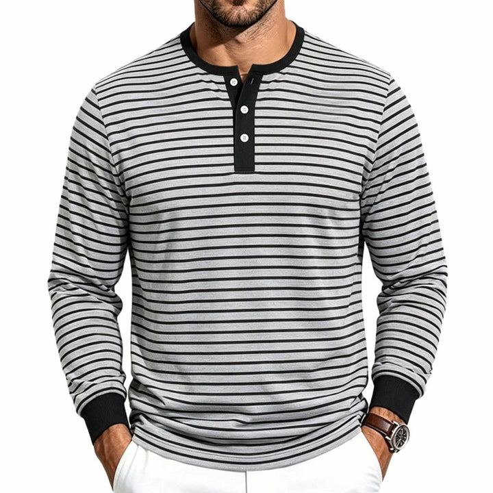 Men's Striped Long Sleeve Henley Shirt Cotton Blend Regular Fit - Light Gray