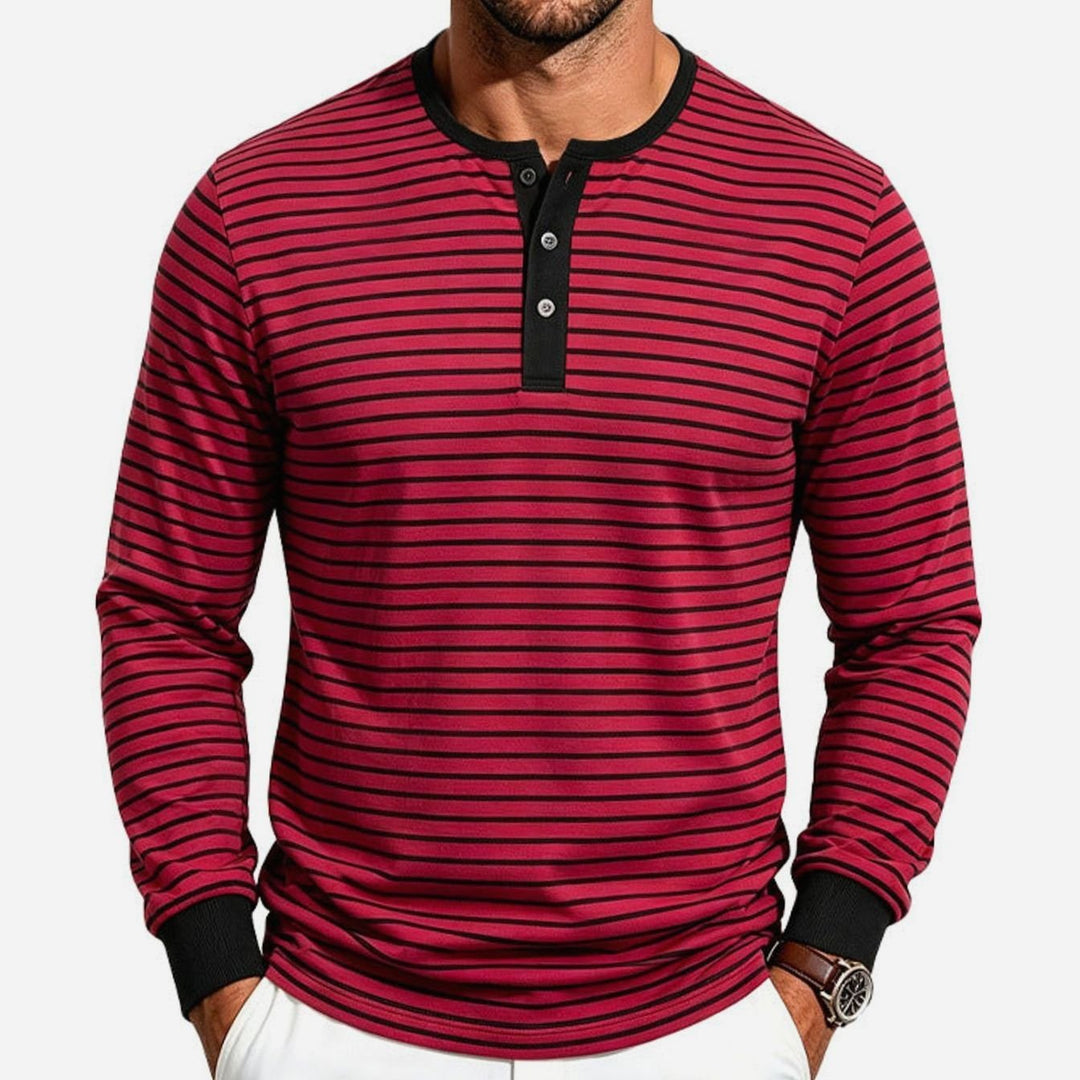 Men's Striped Long Sleeve Henley Shirt Cotton Blend Regular Fit - Red