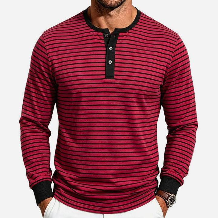 Men's Striped Long Sleeve Henley Shirt Cotton Blend Regular Fit - Red
