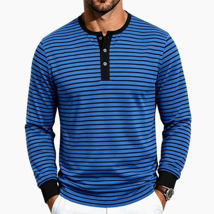 Men's Striped Long Sleeve Henley Shirt Cotton Blend Regular Fit - Cobalt Blue