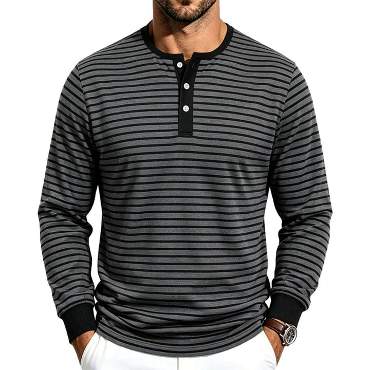 Men's Striped Long Sleeve Henley Shirt Cotton Blend Regular Fit - Space Gray