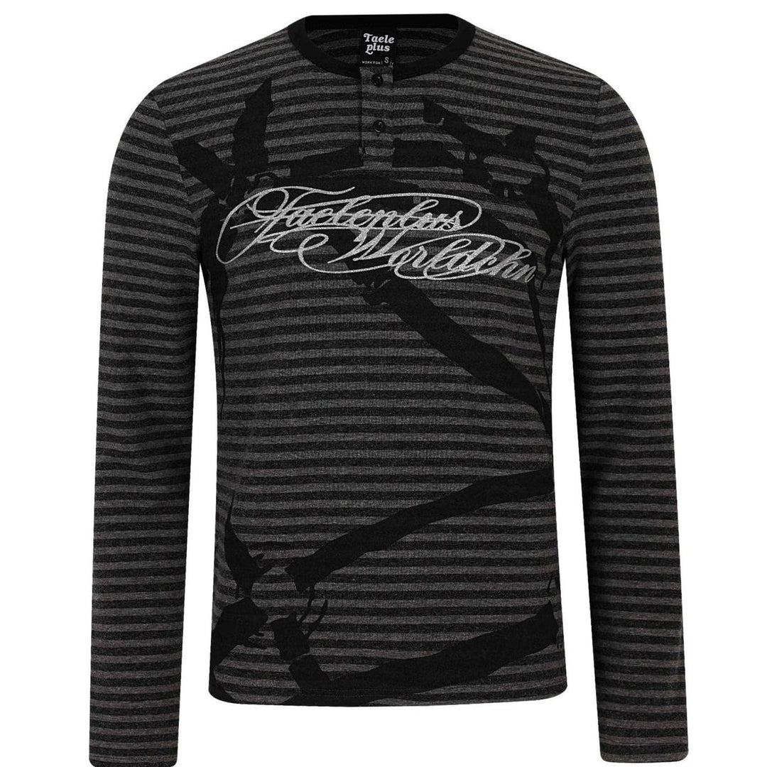 Men's Striped Long Sleeve Henley Shirt Cotton Blend Typo Print