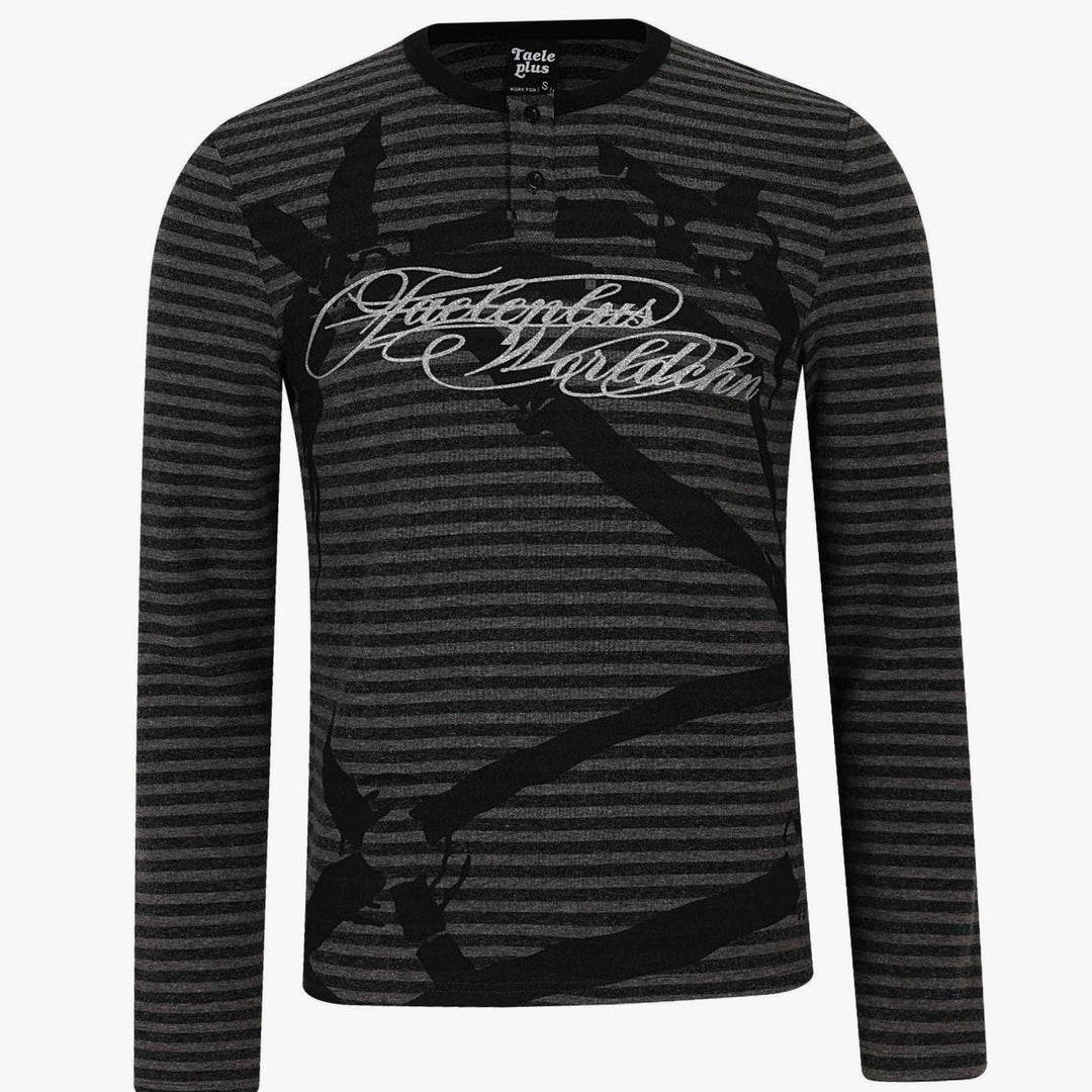 Men's Striped Long Sleeve Henley Shirt Cotton Blend Typo Print