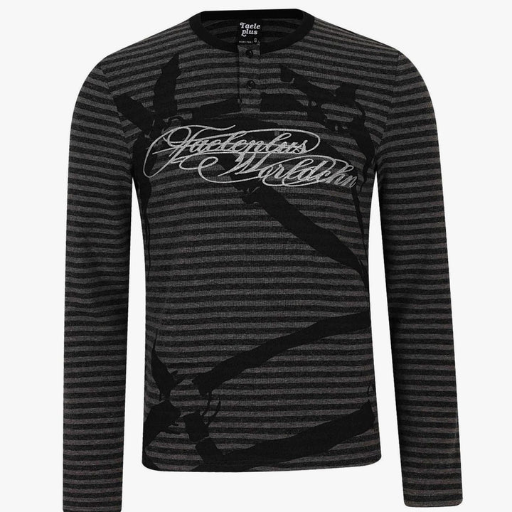 Men's Striped Long Sleeve Henley Shirt Cotton Blend Typo Print
