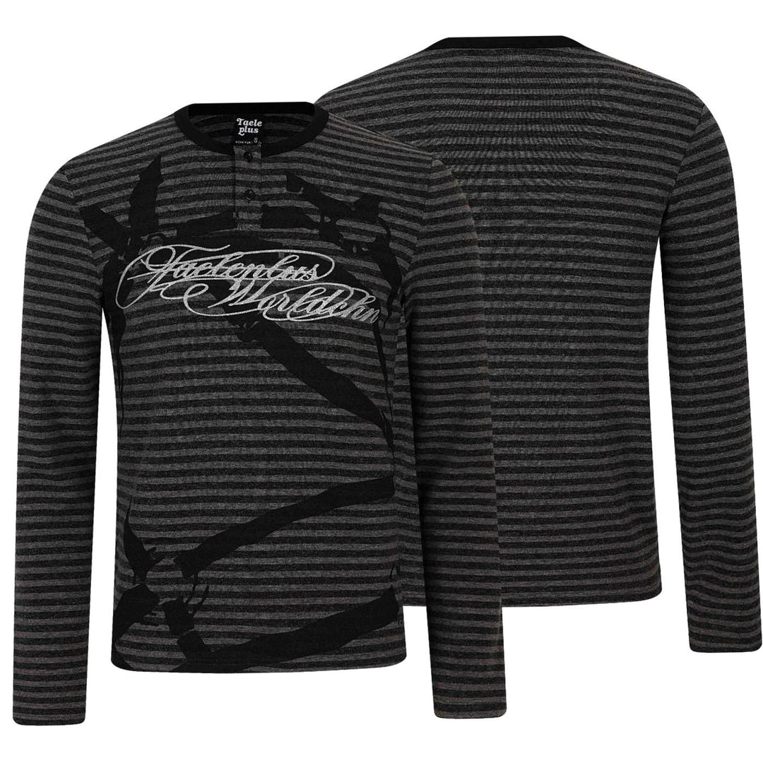 Men's Striped Long Sleeve Henley Shirt Cotton Blend Typo Print