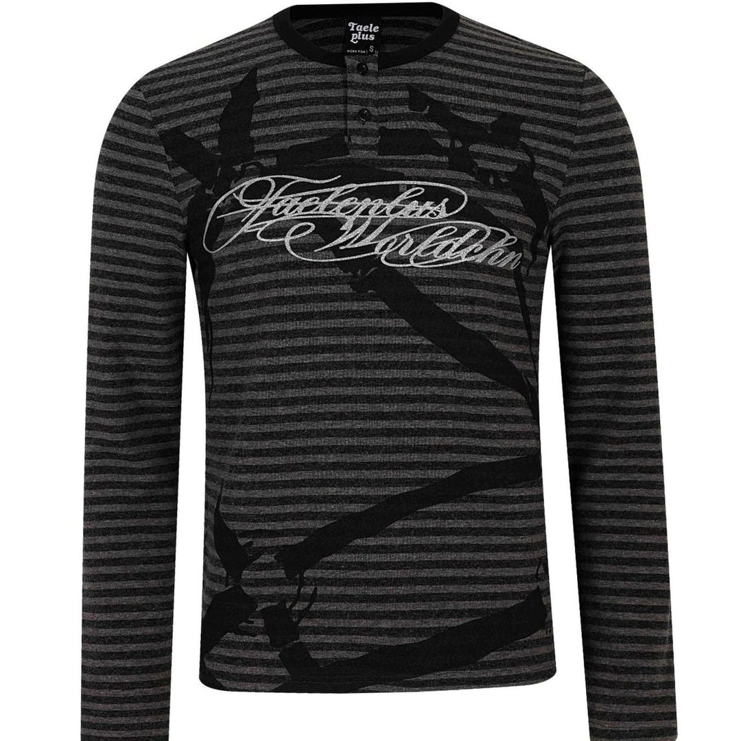 Men's Striped Long Sleeve Henley Shirt Cotton Blend Typo Print - Black with floral stripes