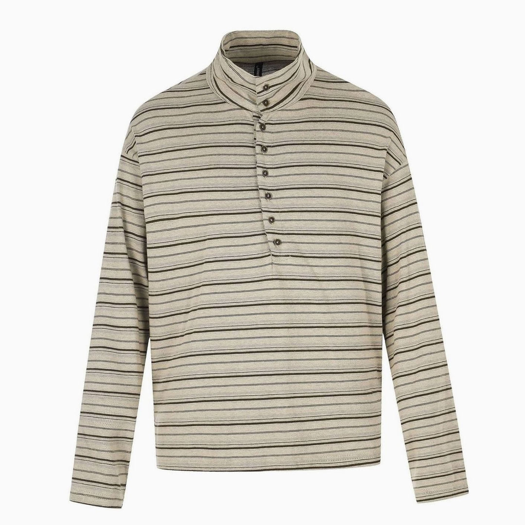 Men's Striped Long Sleeve Henley Shirt High Stand-Up Collar Boxy Fit