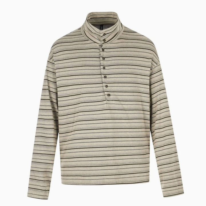 Men's Striped Long Sleeve Henley Shirt High Stand-Up Collar Boxy Fit