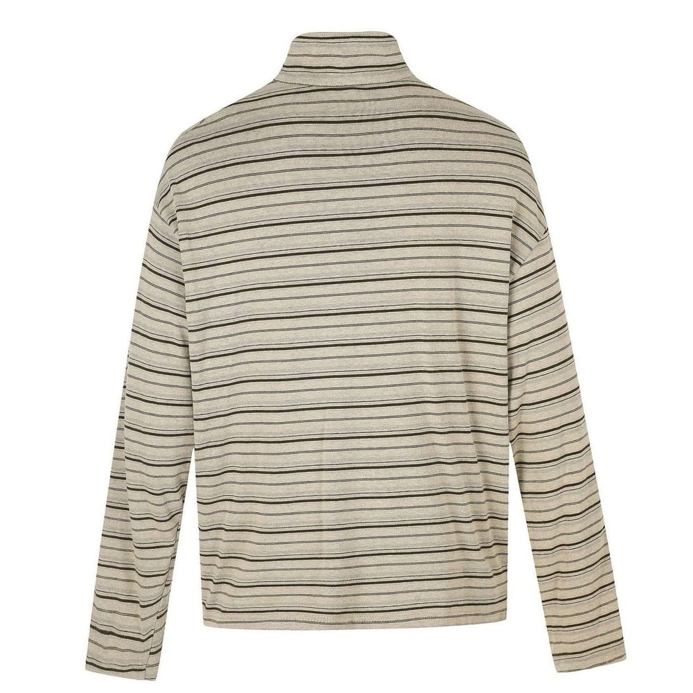 Men's Striped Long Sleeve Henley Shirt High Stand-Up Collar Boxy Fit