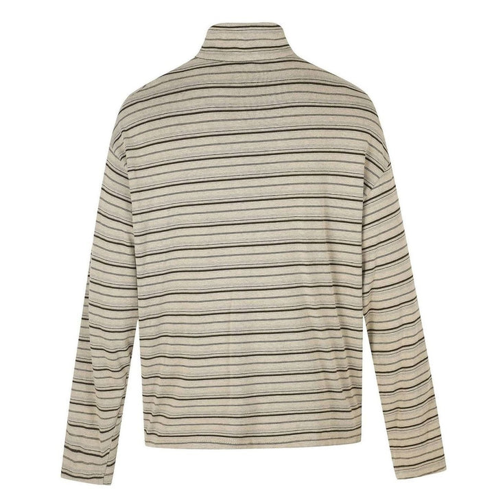 Men's Striped Long Sleeve Henley Shirt High Stand-Up Collar Boxy Fit