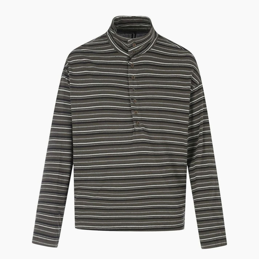 Men's Striped Long Sleeve Henley Shirt High Stand-Up Collar Boxy Fit