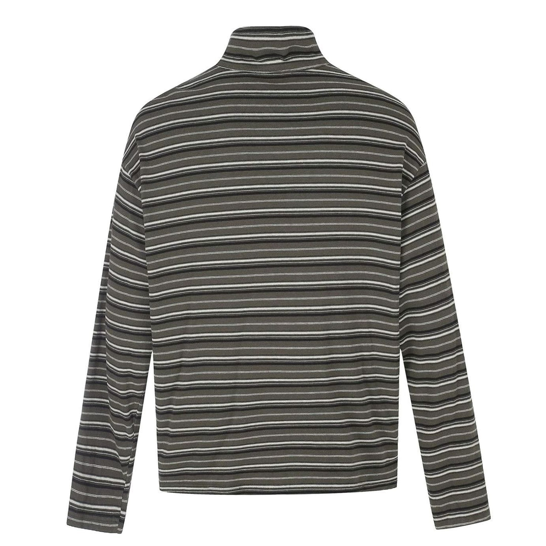 Men's Striped Long Sleeve Henley Shirt High Stand-Up Collar Boxy Fit