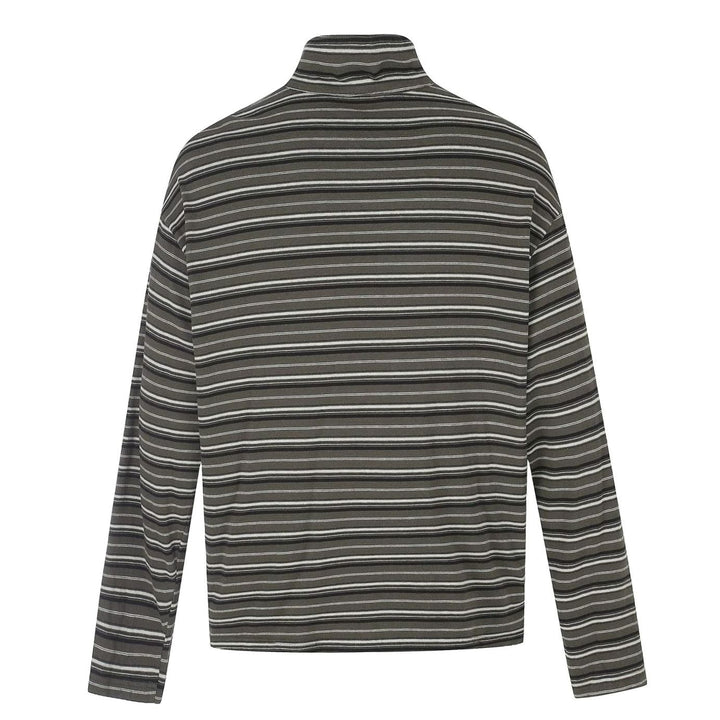 Men's Striped Long Sleeve Henley Shirt High Stand-Up Collar Boxy Fit