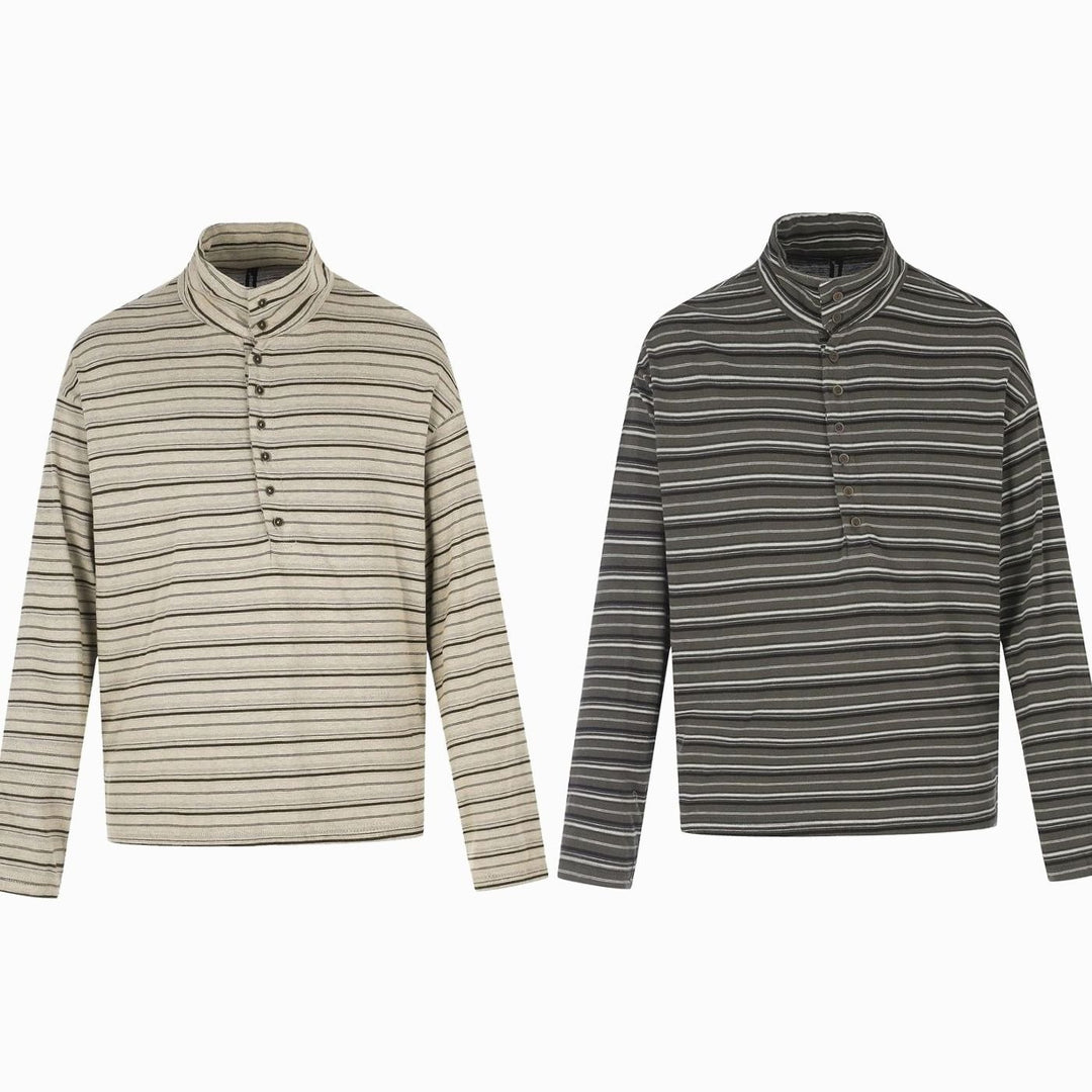 Men's Striped Long Sleeve Henley Shirt High Stand-Up Collar Boxy Fit