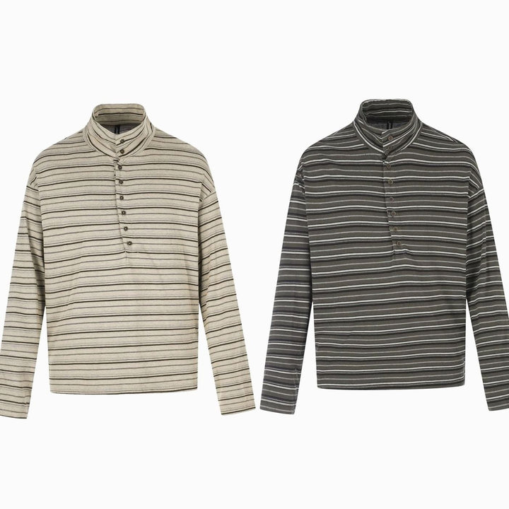 Men's Striped Long Sleeve Henley Shirt High Stand-Up Collar Boxy Fit