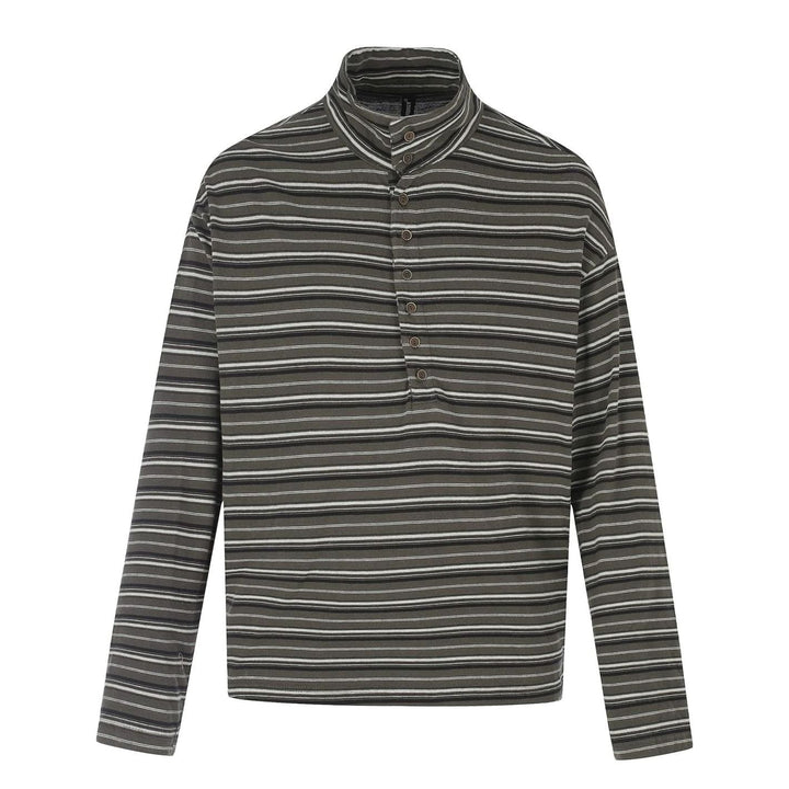 Men's Striped Long Sleeve Henley Shirt High Stand-Up Collar Boxy Fit - Gray Striped