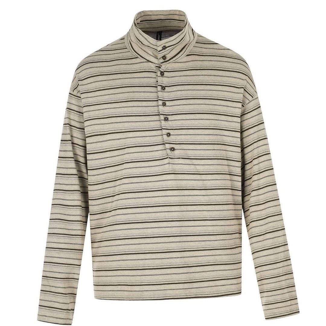 Men's Striped Long Sleeve Henley Shirt High Stand-Up Collar Boxy Fit - Coffee Striped