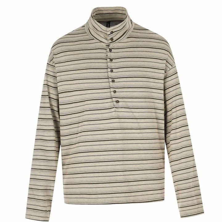 Men's Striped Long Sleeve Henley Shirt High Stand-Up Collar Boxy Fit - Coffee Striped